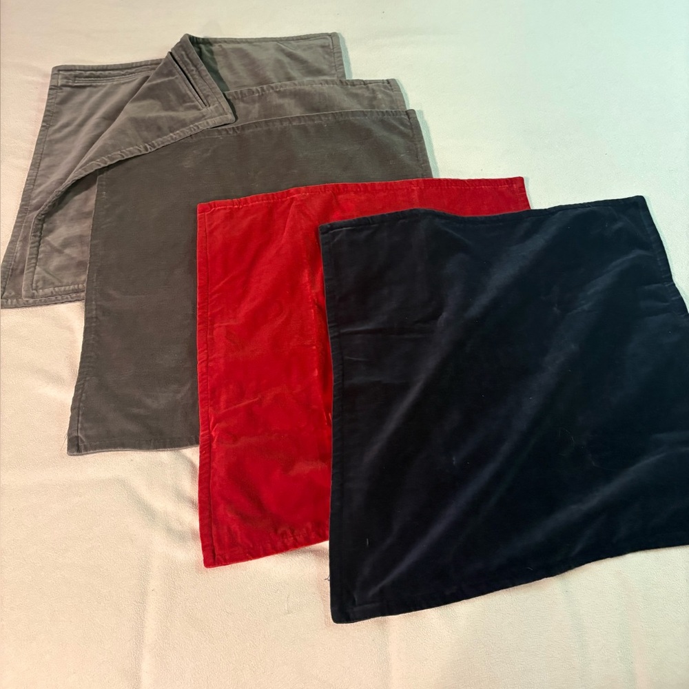 Pottery Barn 
Washed Velvet Pillow covers Gray ,Red. Navy. Charcoal $42 each